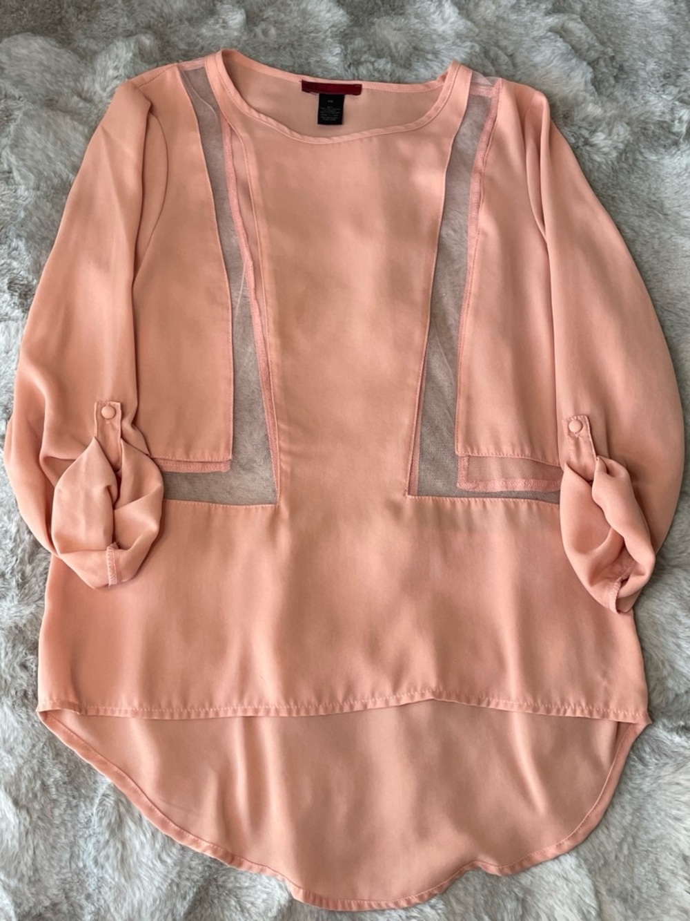 BKE Peach Sheer-Panel Roll-Tab Blouse-0322